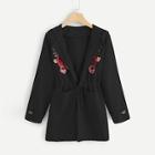 Romwe Floral Embroidered Applique Drawstring Coat