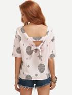 Romwe Pink Vintage Print Double V Neck Blouse