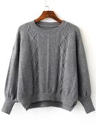 Romwe Grey Diamond Pattern Dolman Sleeve Dip Hem Sweater