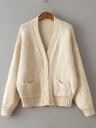 Romwe Beige Ribbed Detail Drop Shoulder Button Up Sweater Coat With Pockets