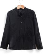 Romwe Stand Collar Embroidered Black Blouse