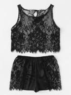 Romwe Eyelash Lace Top And Contrast Lace Shorts