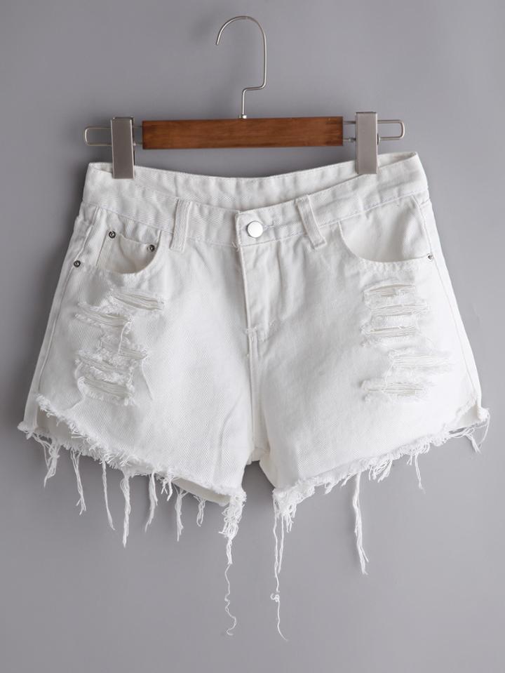 Romwe White Ripped Fraying Raw Hem Denim Shorts
