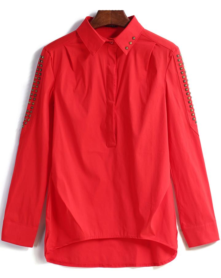 Romwe Rivet Lapel Dip Hem Red Blouse