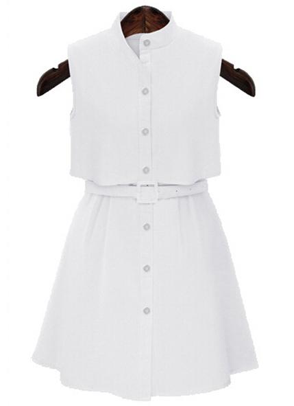 Romwe Stand Collar With Buttons White Dress