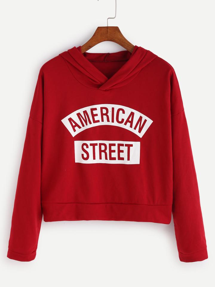 Romwe Red Letter Print Crop Hooded Sweatshirt
