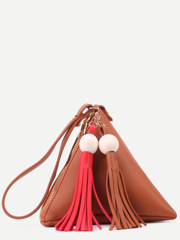 Romwe Brown Pu Tetrahedron Design Tassel Trim Zip Closure Handbag
