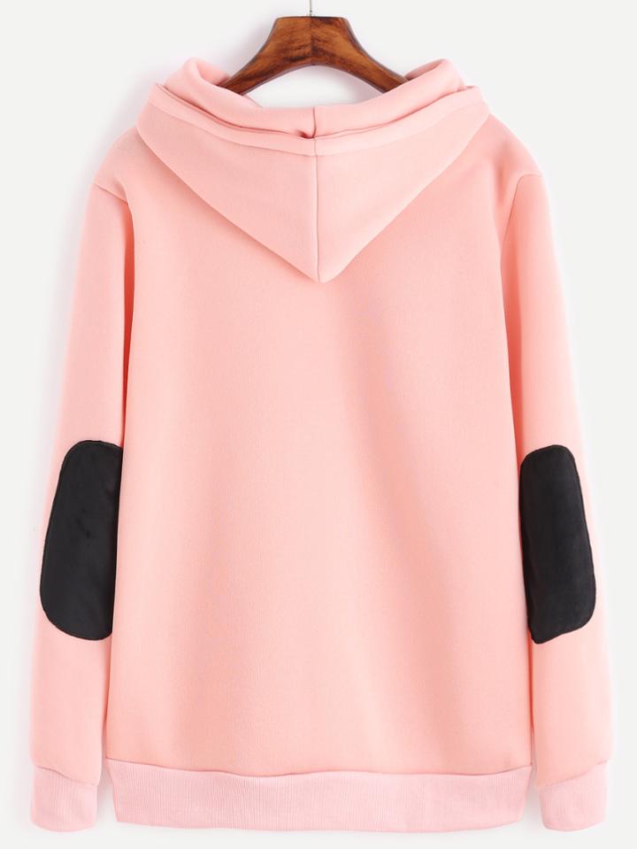 Romwe Pink Elbow Patch Hooded Pocket Sweatshirt