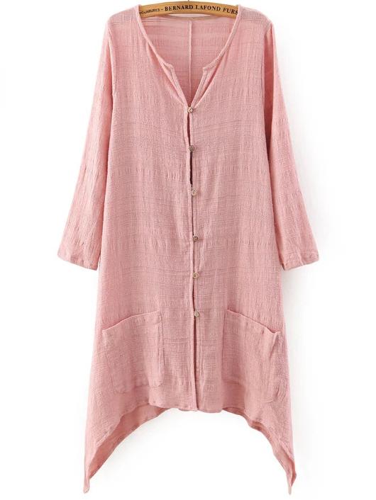 Romwe Pink Assymetrical Colarless Pocket Shirt Dress