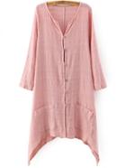 Romwe Pink Assymetrical Colarless Pocket Shirt Dress
