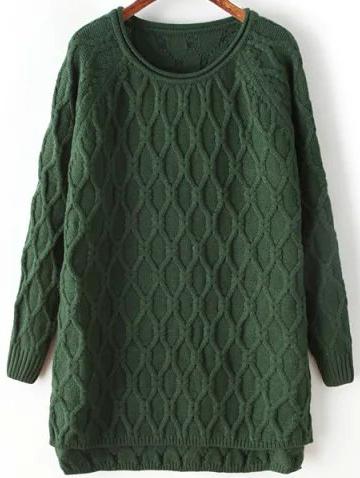 Romwe Dip Hem Diamond Dark Green Sweater
