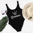 Romwe Letter Crown Print One Piece Swimsuit