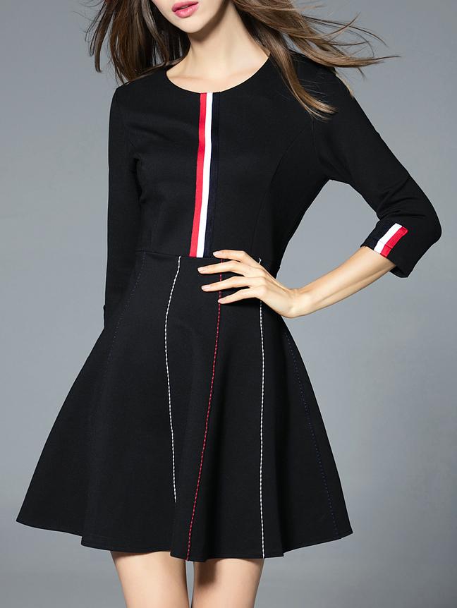 Romwe Black Color Block Striped A-line Dress
