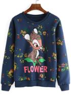 Romwe Deer Print Florals Navy Sweatshirt