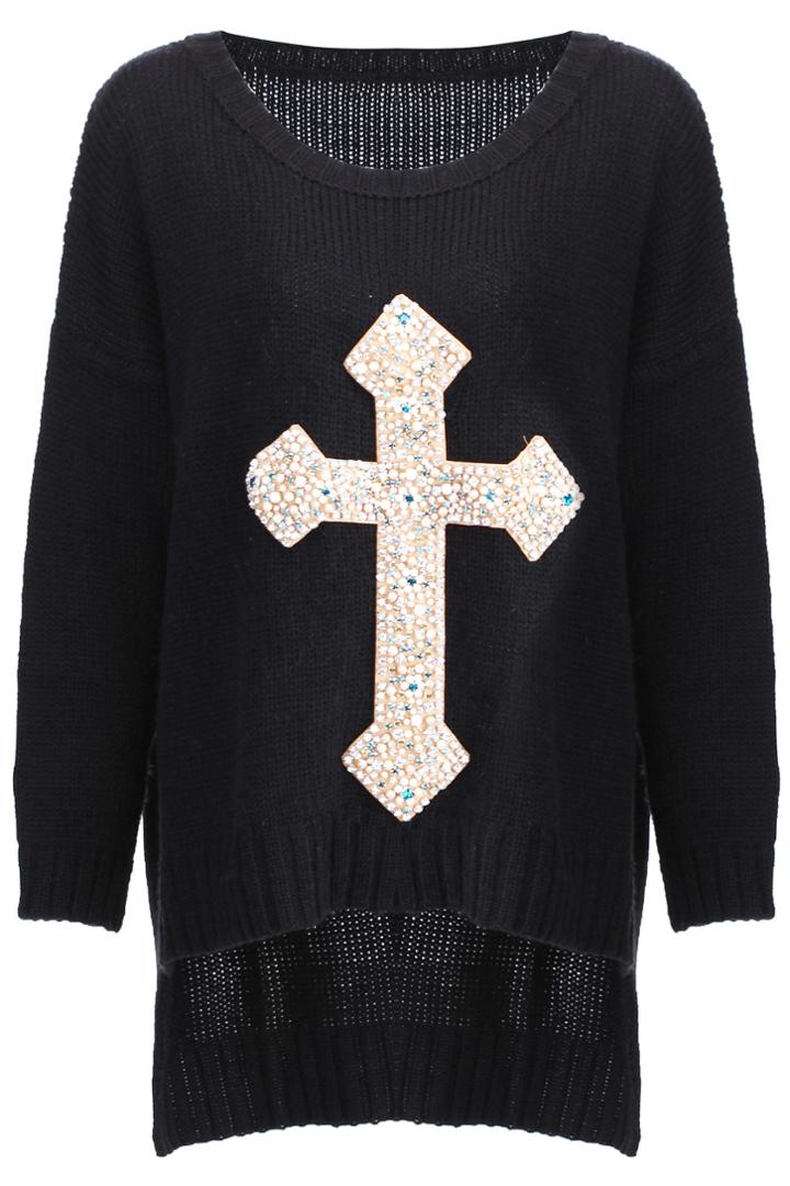 Romwe Beaded Cross Black Jumper