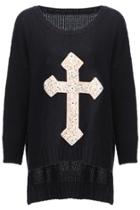 Romwe Beaded Cross Black Jumper