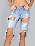 Romwe Blue Pocket Cutout Raw Hem Jeans