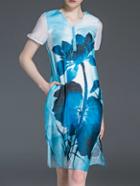 Romwe Blue V Neck Ink Print Pockets Split Dress