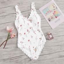 Romwe Calico Print Scalloped Trim One Piece Swimwear