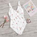 Romwe Calico Print Scalloped Trim One Piece Swimwear
