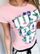 Romwe Letter & Flower Print T-shirt - Pink