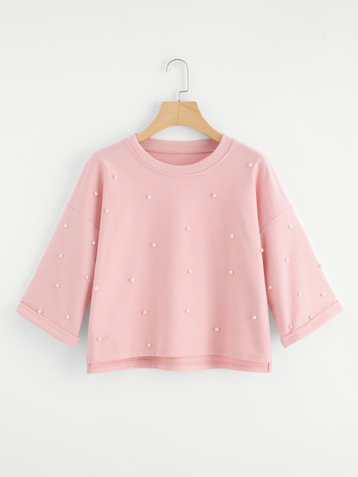Romwe Pearl Beaded Dip Hem Sweatshirt