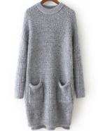 Romwe Dip Hem Grey Sweater Dress With Pockets