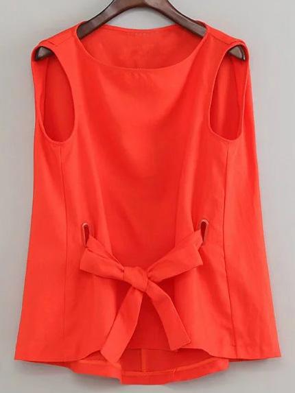 Romwe Red Round Neck Sleeveless Self-tie Bow Blouse