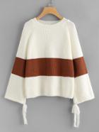 Romwe Color Block Bell Sleeve Tie Cuff Sweater