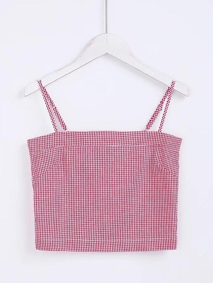 Romwe Single Breasted Back Gingham Cami Top
