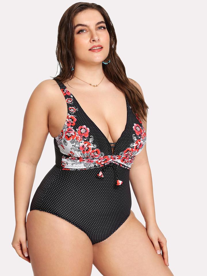 Romwe Polka Dot Floral Swimsuit