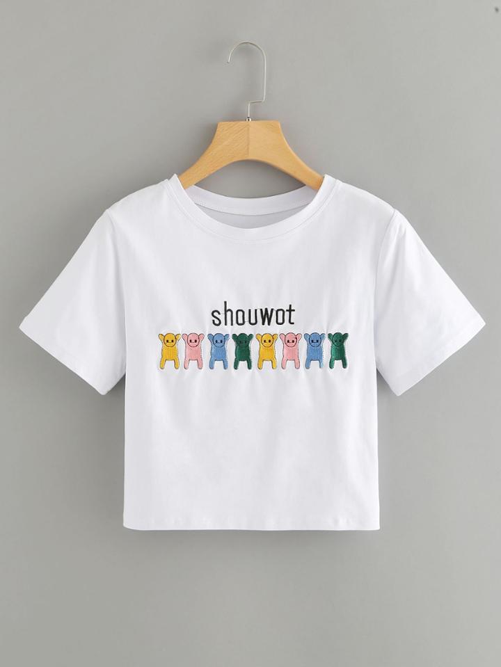 Romwe Cartoon Embroidered Crop Tee