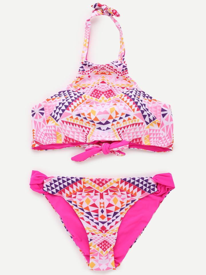 Romwe Pink Tribal Print Racer Front Bikini Set