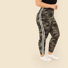 Romwe Plus Contrast Striped Side Camo Print Leggings