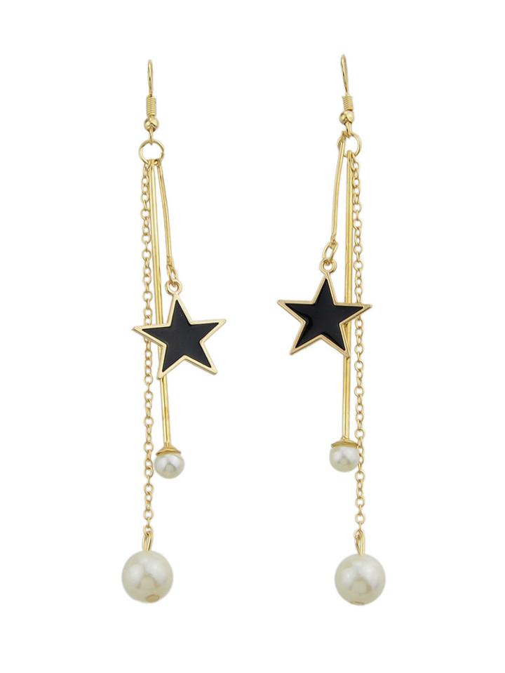 Romwe Star Pearl Long Chain Earrings