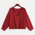 Romwe Solid V-neck Button Detail Blouse