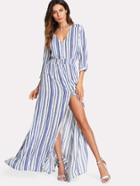 Romwe Buttoned Up Smocked Waist Striped Dress