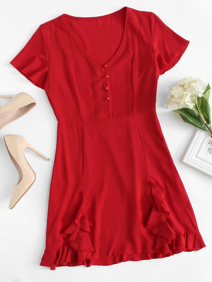 Romwe Single Breasted Ruffle Trim Dress