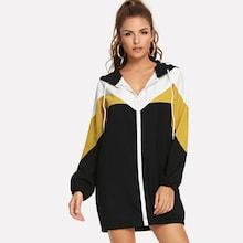 Romwe Zip Up Colorblock Drawstring Detail Hooded Dress
