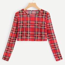 Romwe Round Neck Checked Tee