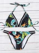 Romwe Black Tropical Print Striped Detail Triangle Bikini Set