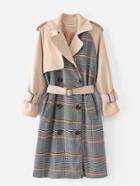 Romwe Plaid Panel Trench Coat With Belt