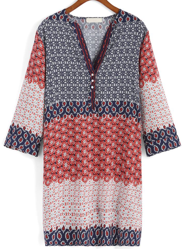 Romwe V Neck Paisley Print Buttons Straight Dress