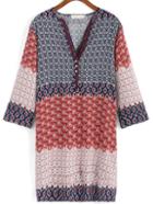 Romwe V Neck Paisley Print Buttons Straight Dress
