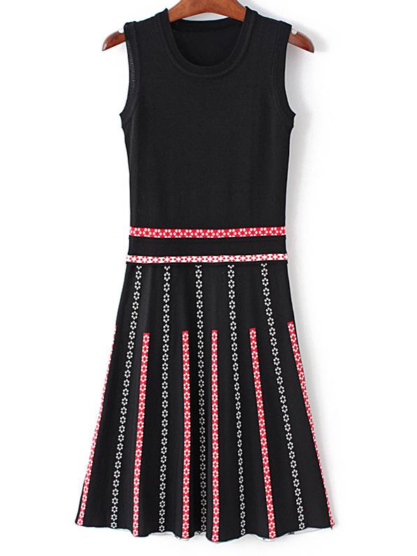 Romwe Black Sleeveless Flowers Pattern Knit Dress