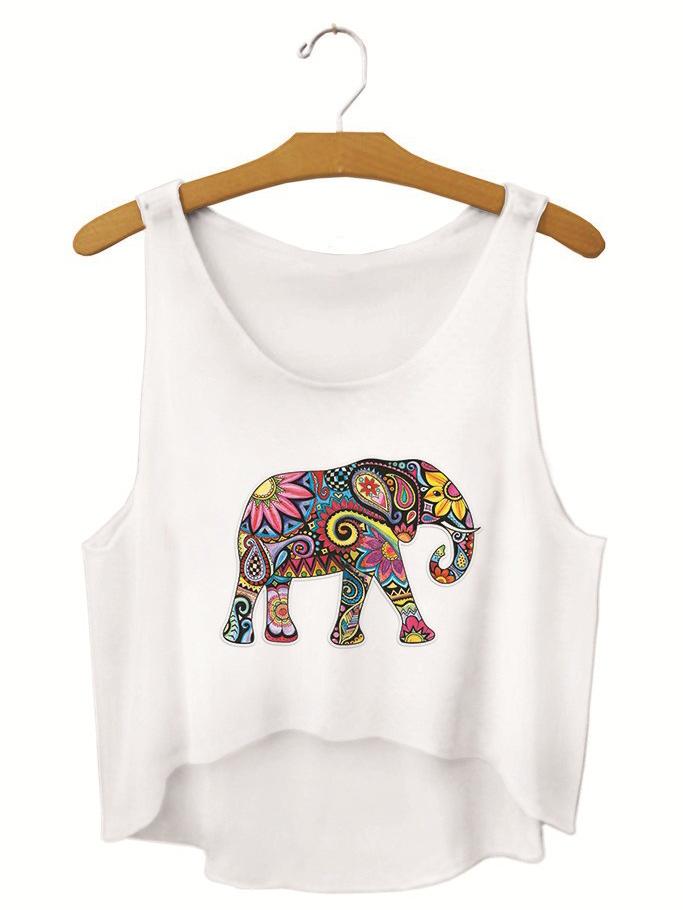 Romwe Dip Hem Elephant Print Tank Top