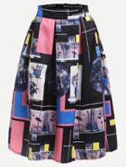 Romwe Multicolor Graphic Print Box Pleated Midi Skirt