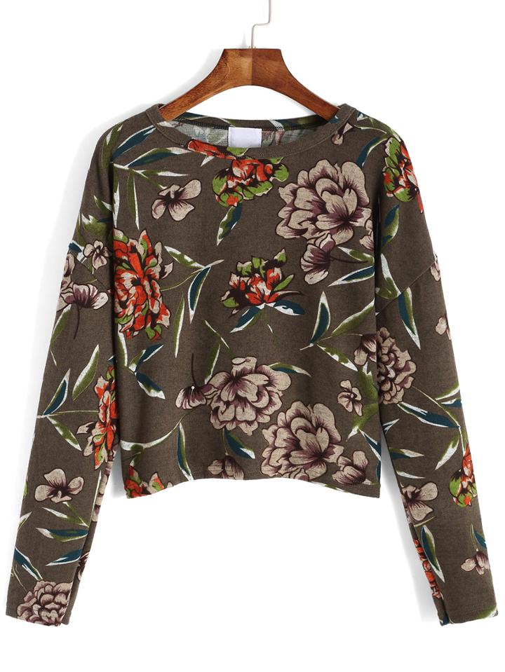 Romwe Round Neck Floral Crop Sweatshirt