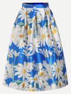 Romwe Blue Floral Print Flare Skirt