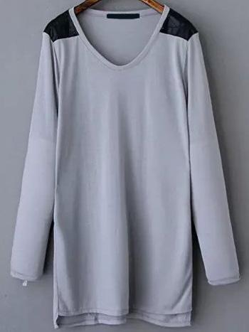 Romwe V Neck Contrast Pu Dip Hem Grey T-shirt